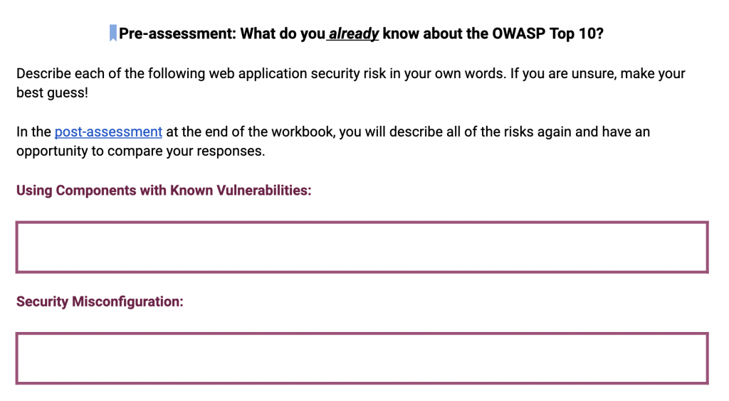 Screenshot of a page in the OWASP Top 10 Companion Workbook